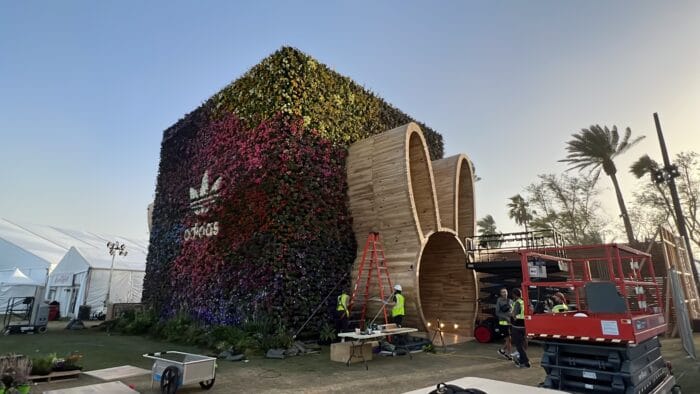 Construction of the Adidas Flower Cube at Coachella