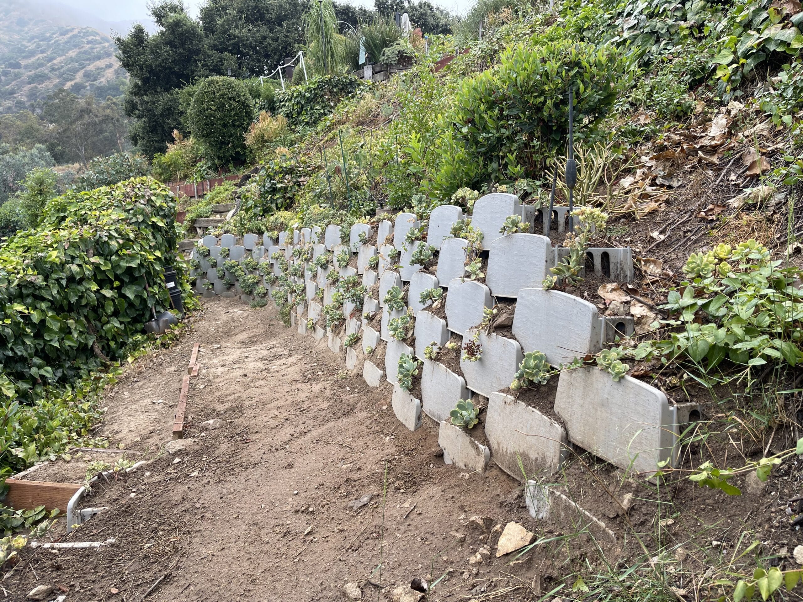 Side angle view of new living retaining wall