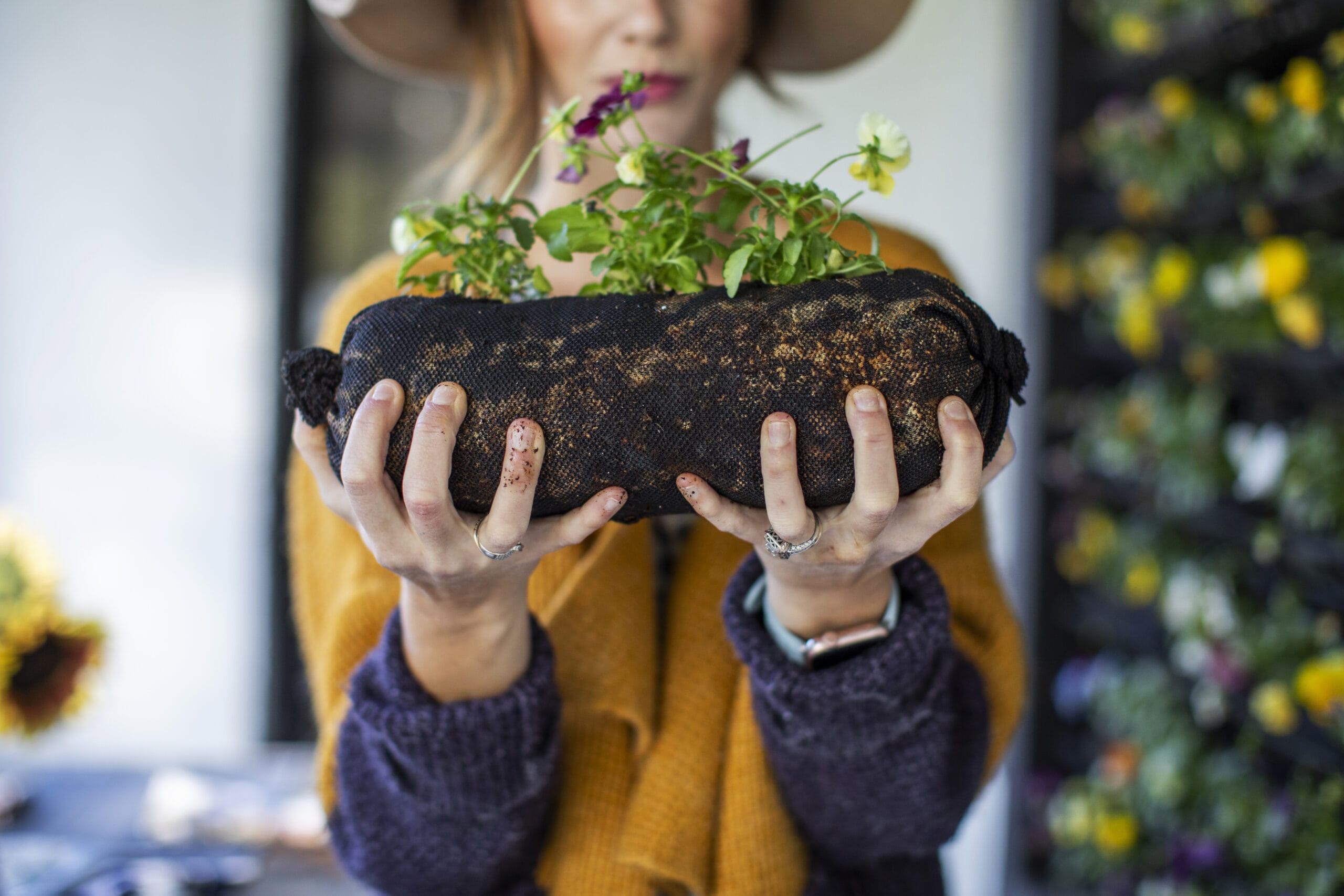 Vertical gardener holding a planted vardensok