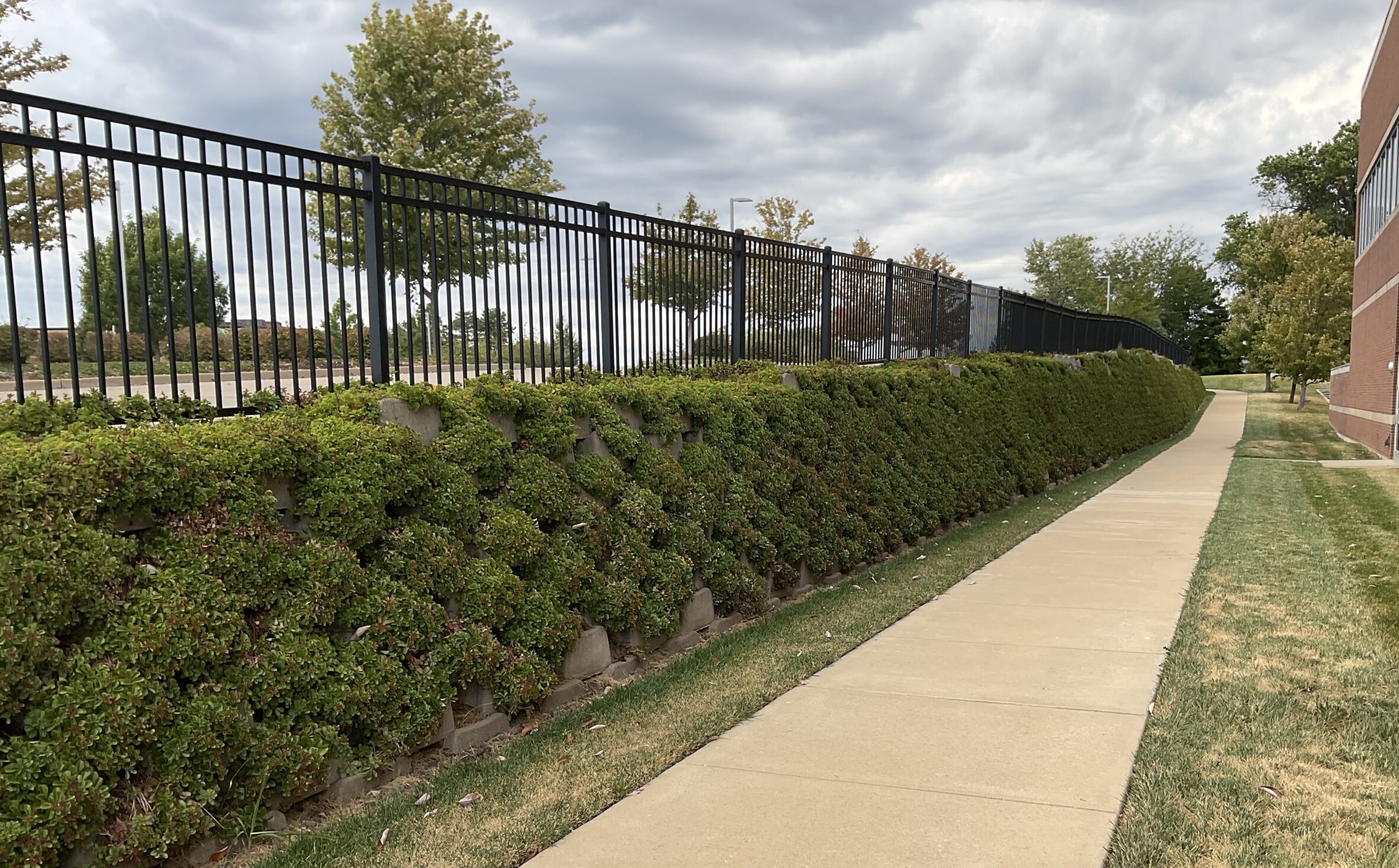 Plantable block retaining wall along sidewalk in office campus