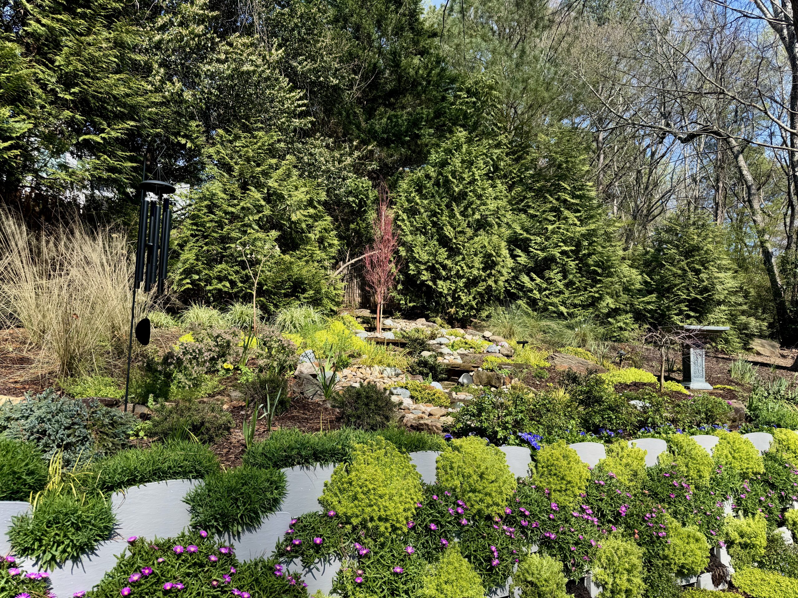 Varden lightweight retaining wall blocks planted in meditation garden