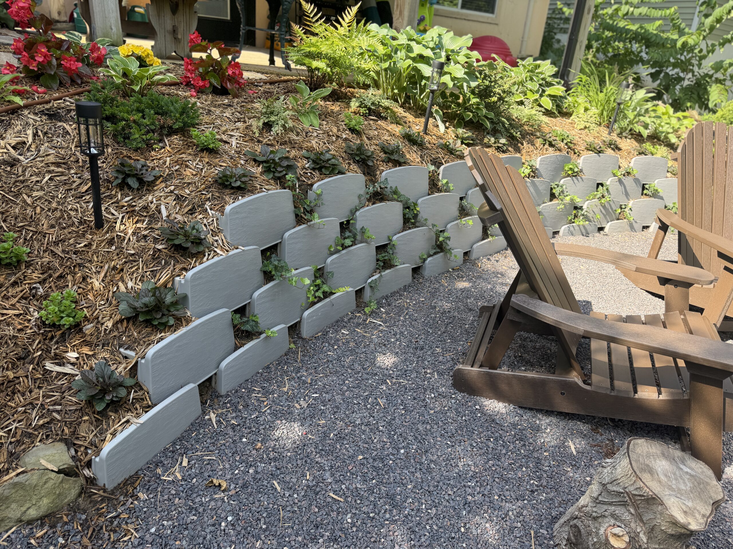 Small retaining wall on patio planted with ivy